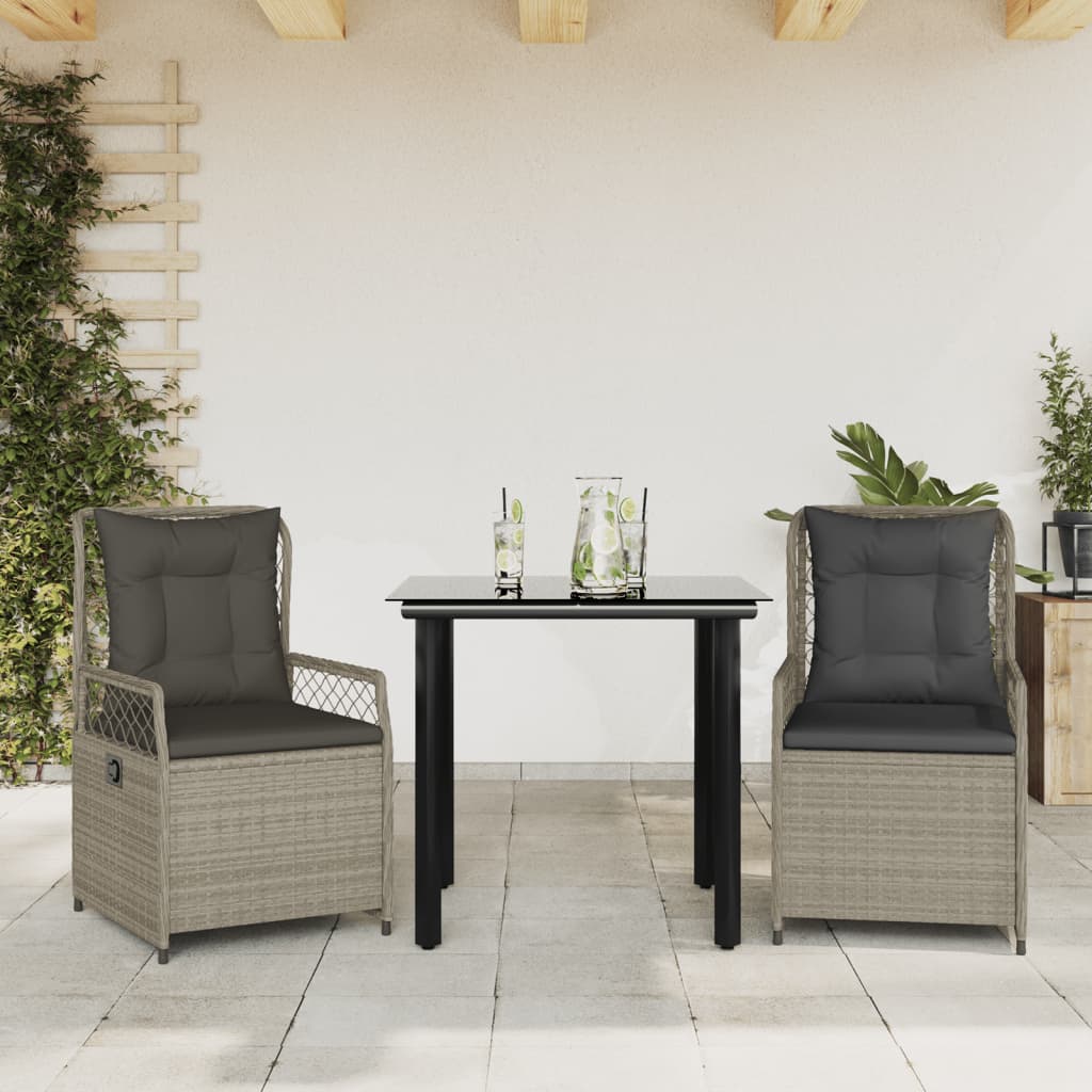 3 Pcs conjunto de jantar p/ jardim c/ almofadões cinzento claro