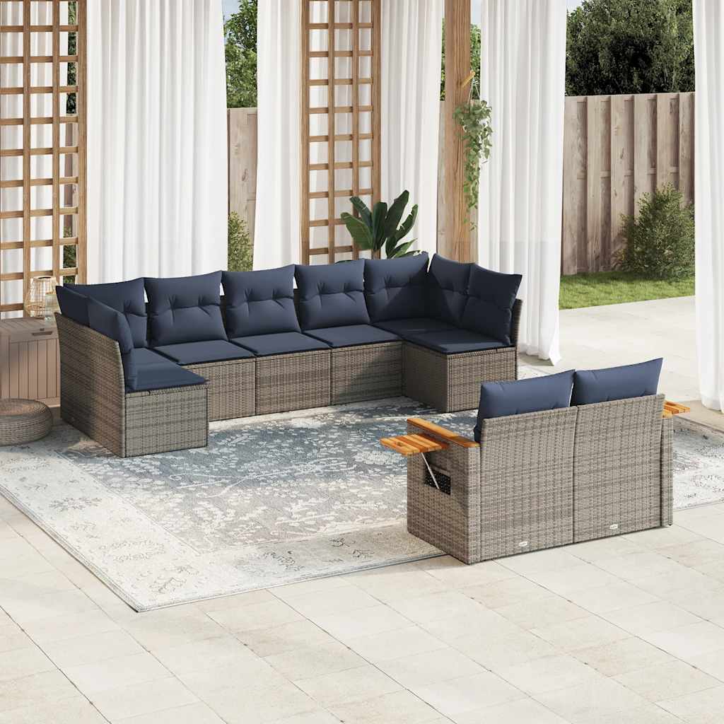 9 Pcs conjunto sofás p/ jardim c/ almofadões vime PE cinzento