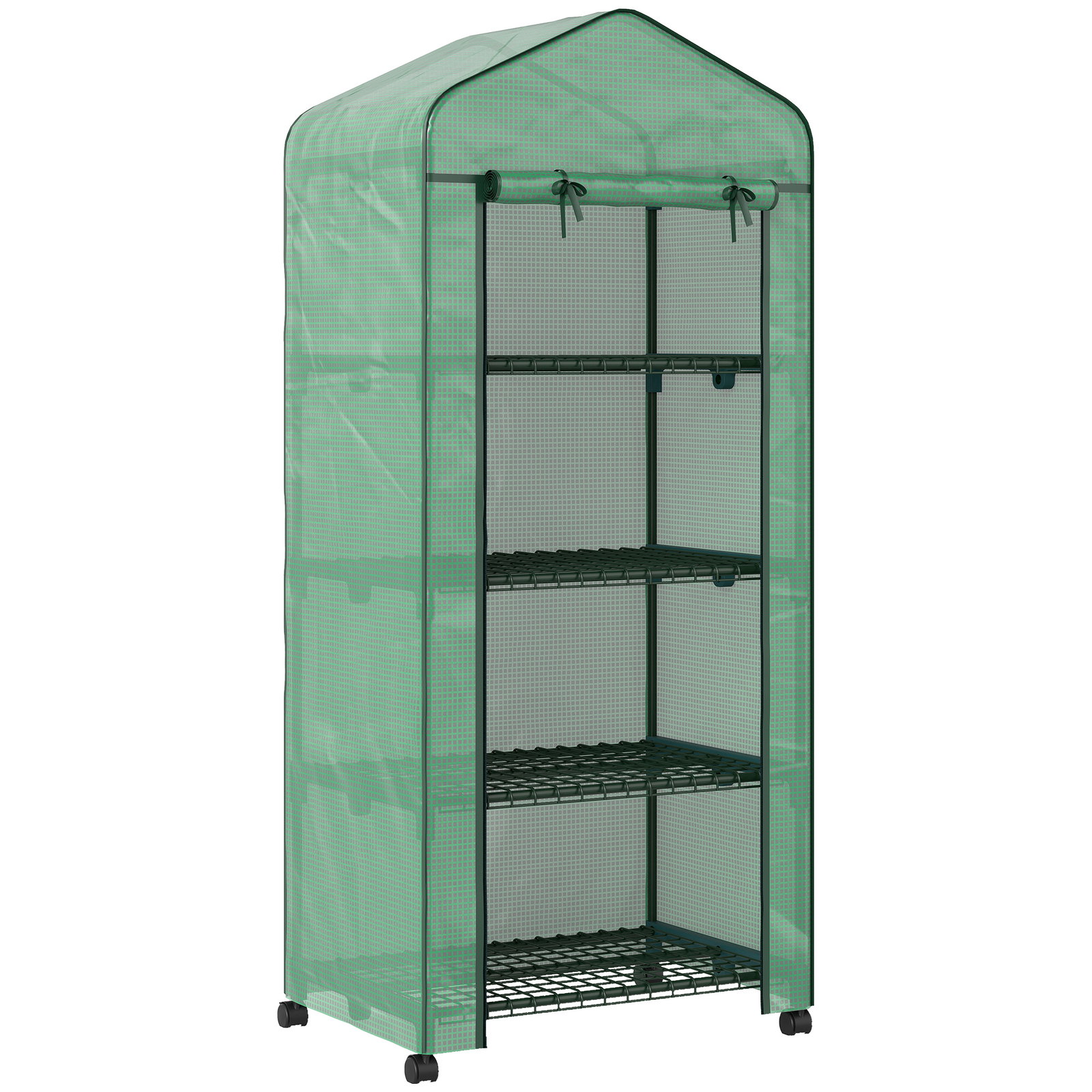 Estufa de exterior com 4 prateleiras e rodas porta enrolável estrutura em aço e cobertura de PE 140g/㎡ anti-UV 69x50x165 cm verde