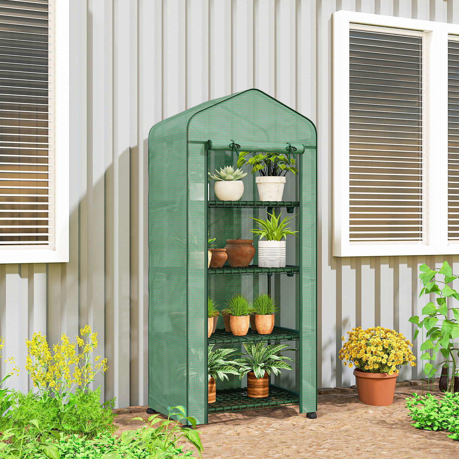 Estufa de exterior com 4 prateleiras e rodas porta enrolável estrutura em aço e cobertura de PE 140g/㎡ anti-UV 69x50x165 cm verde