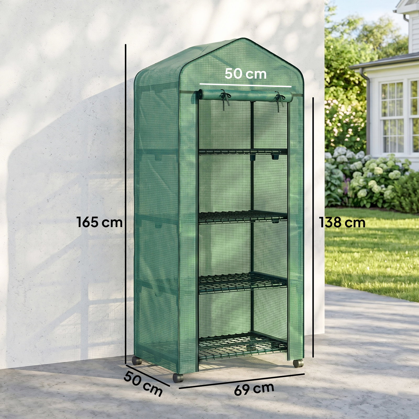 Estufa de exterior com 4 prateleiras e rodas porta enrolável estrutura em aço e cobertura de PE 140g/㎡ anti-UV 69x50x165 cm verde