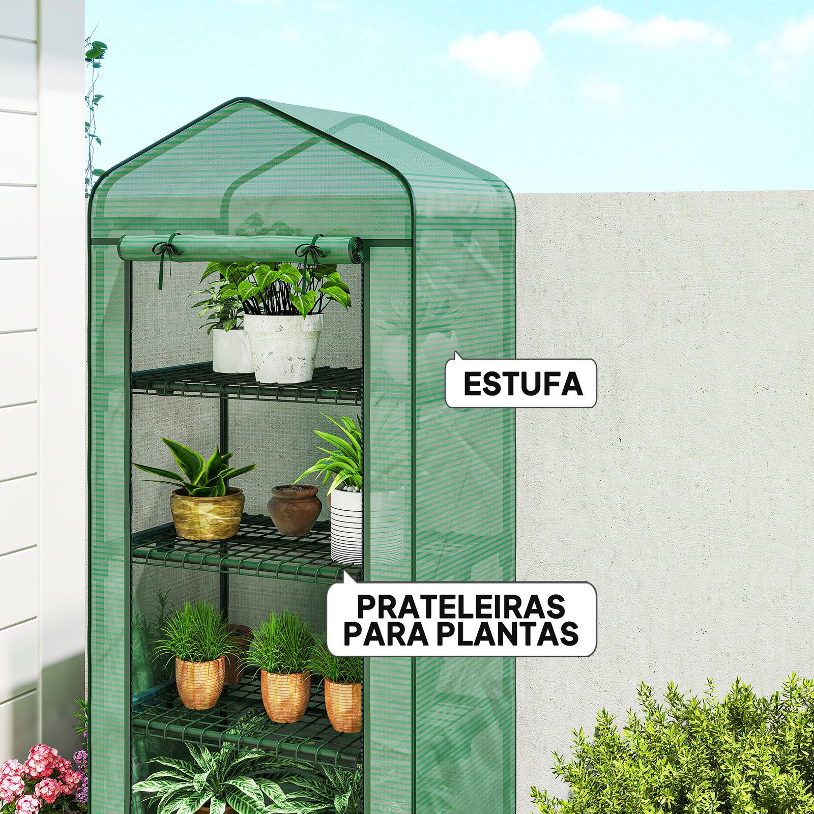 Estufa de exterior com 4 prateleiras e rodas porta enrolável estrutura em aço e cobertura de PE 140g/㎡ anti-UV 69x50x165 cm verde
