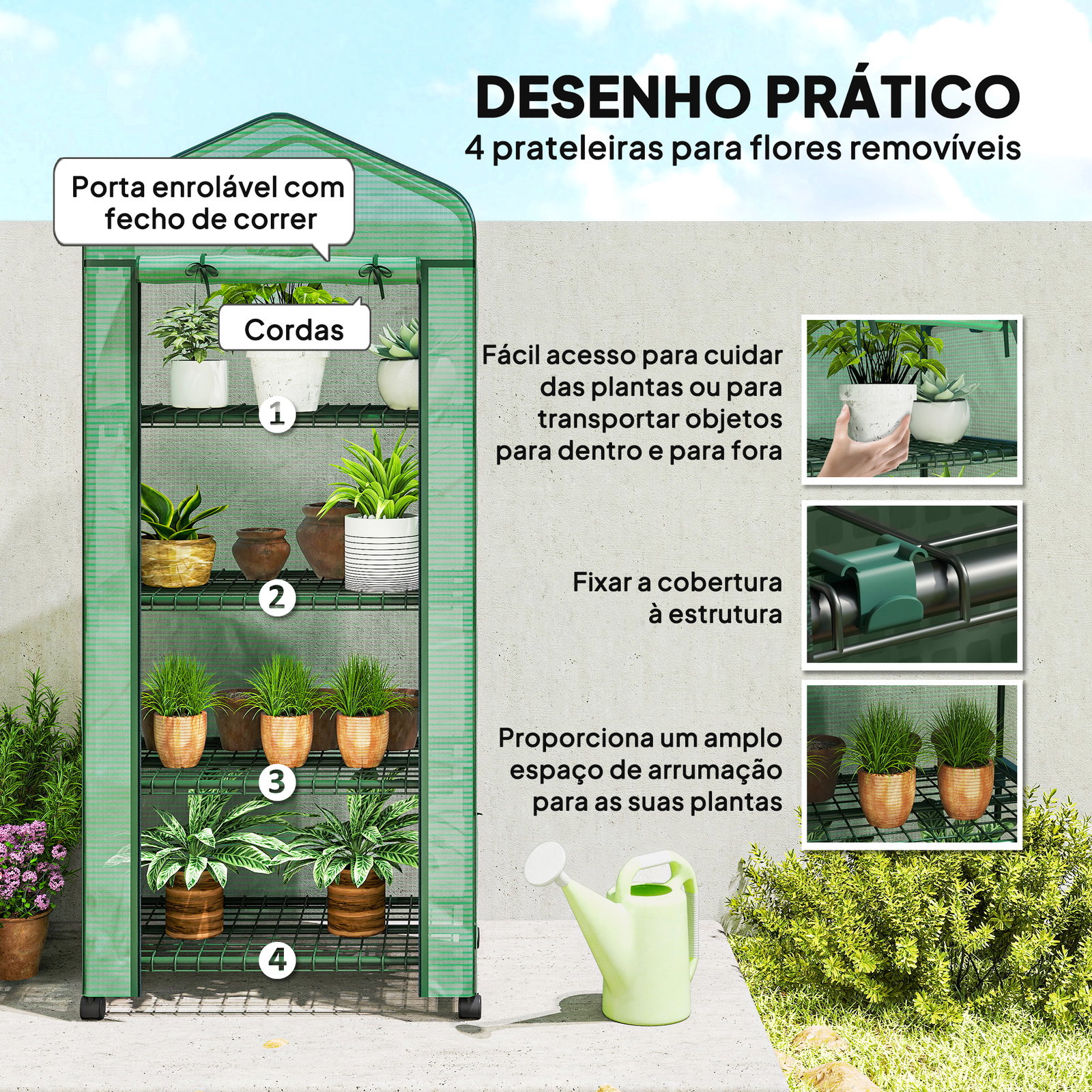 Estufa de exterior com 4 prateleiras e rodas porta enrolável estrutura em aço e cobertura de PE 140g/㎡ anti-UV 69x50x165 cm verde