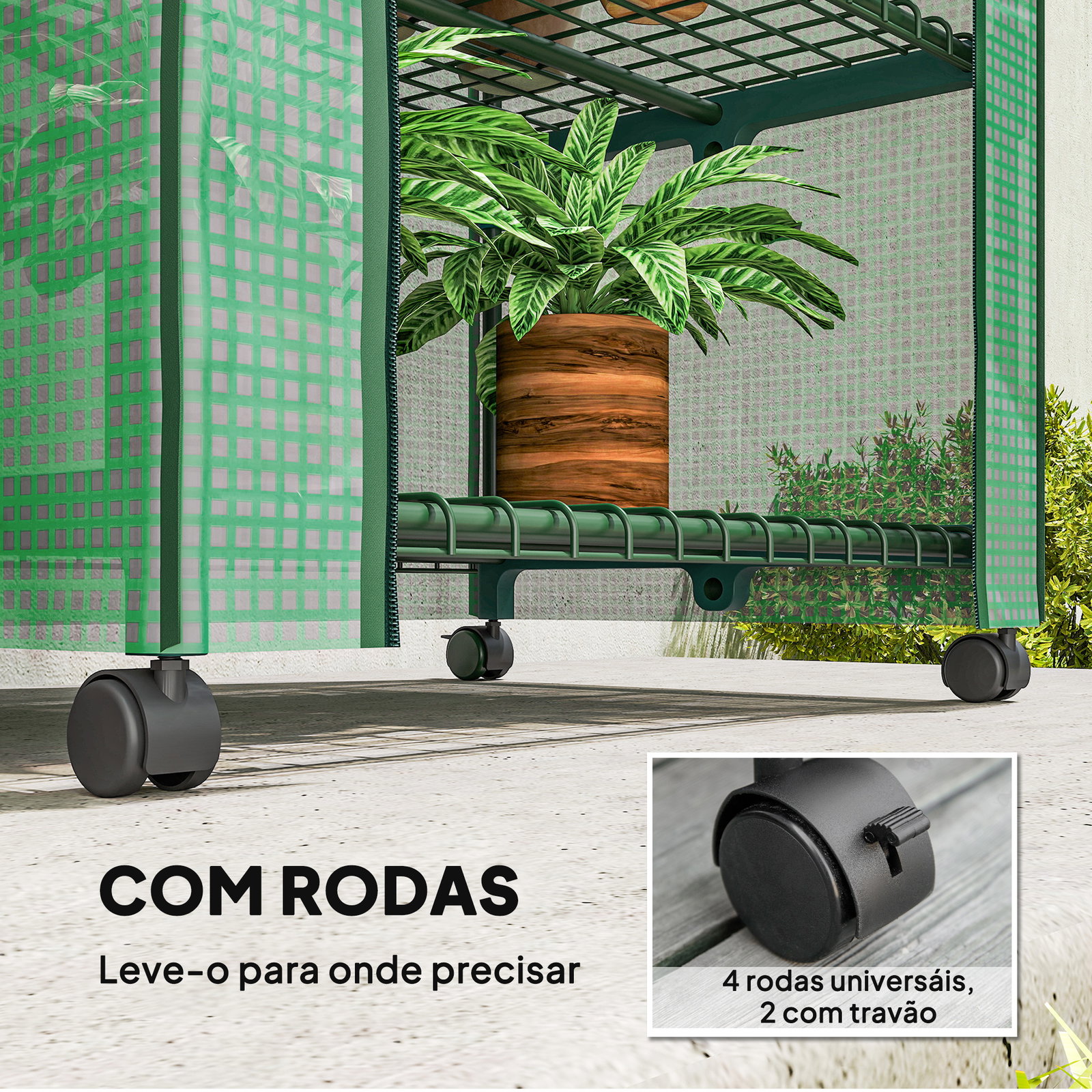 Estufa de exterior com 4 prateleiras e rodas porta enrolável estrutura em aço e cobertura de PE 140g/㎡ anti-UV 69x50x165 cm verde