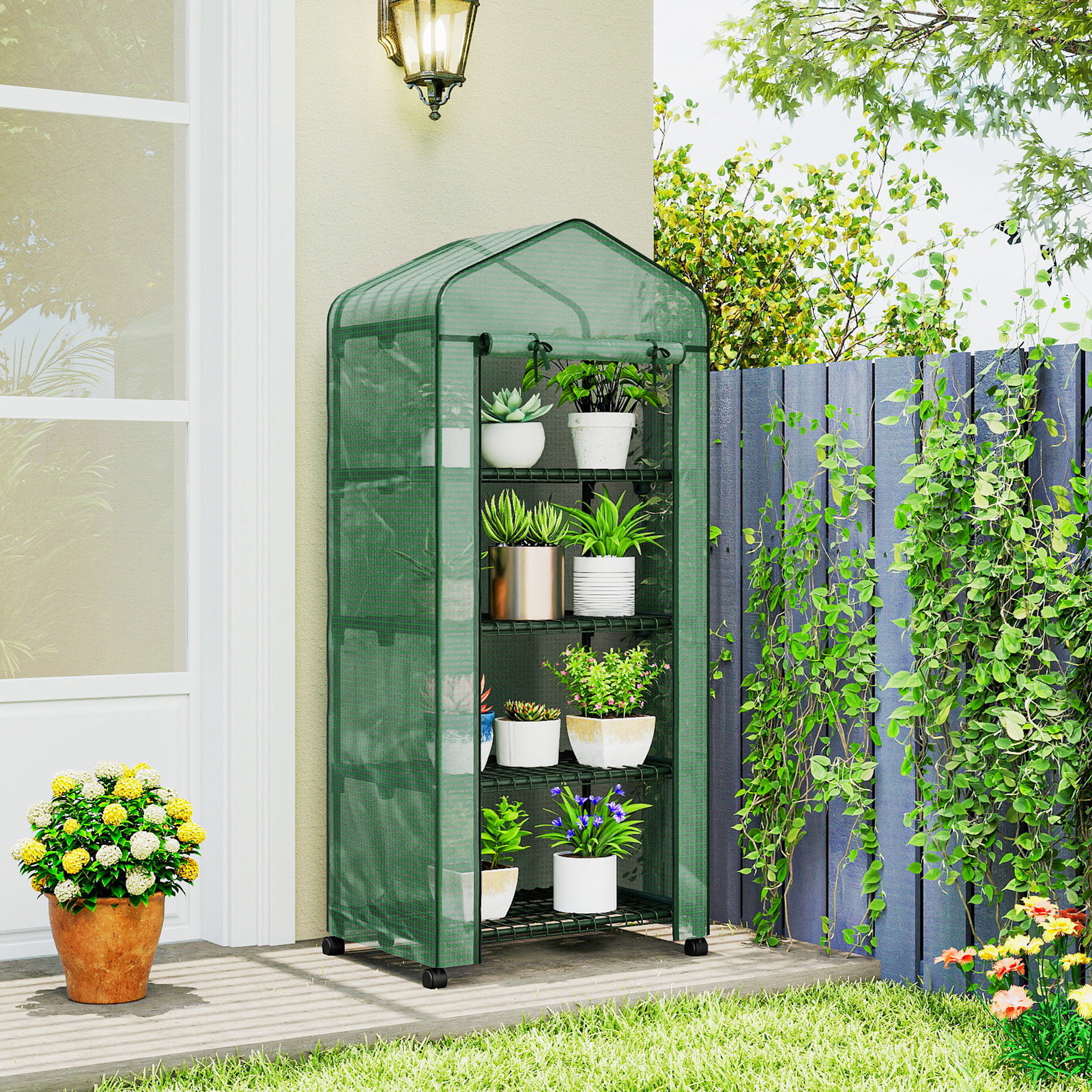 Estufa de exterior com 4 prateleiras e rodas porta enrolável estrutura em aço e cobertura de PE 140g/㎡ anti-UV 69x50x165 cm verde