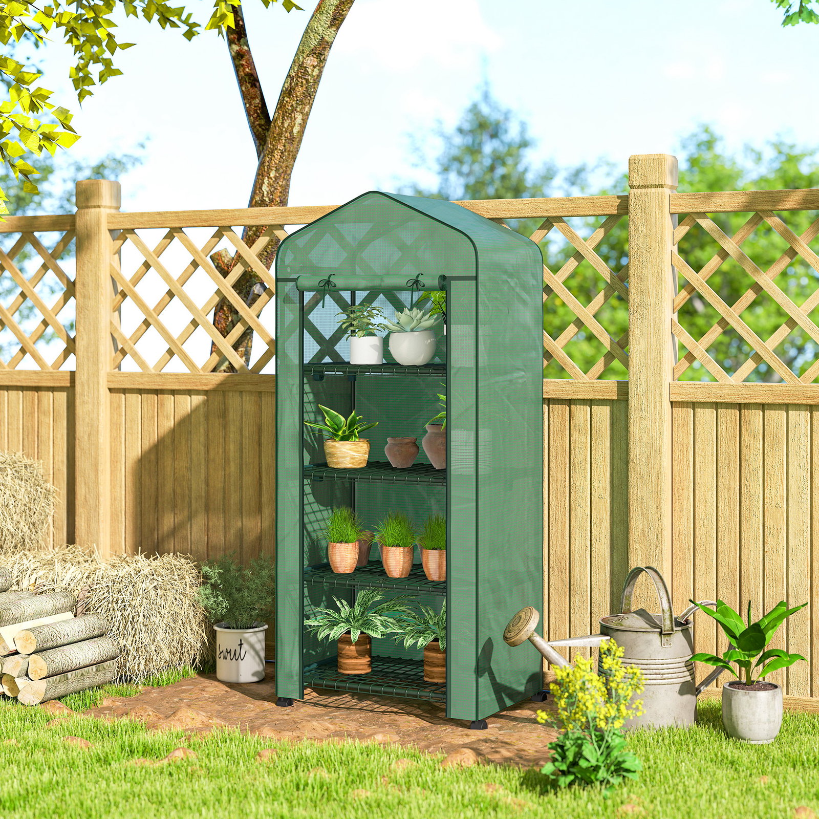 Estufa de exterior com 4 prateleiras e rodas porta enrolável estrutura em aço e cobertura de PE 140g/㎡ anti-UV 69x50x165 cm verde