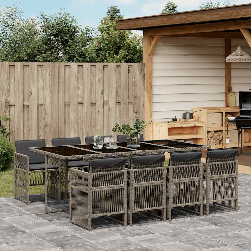 9 Pcs conjunto de jantar p/ jardim c/ almofadões vime PE cinza