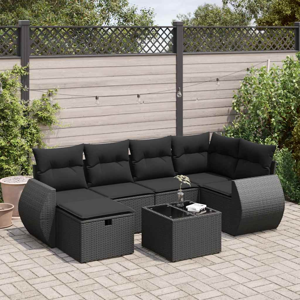 7 Pcs conjunto de sofás p/ jardim c/ almofadões vime PE preto