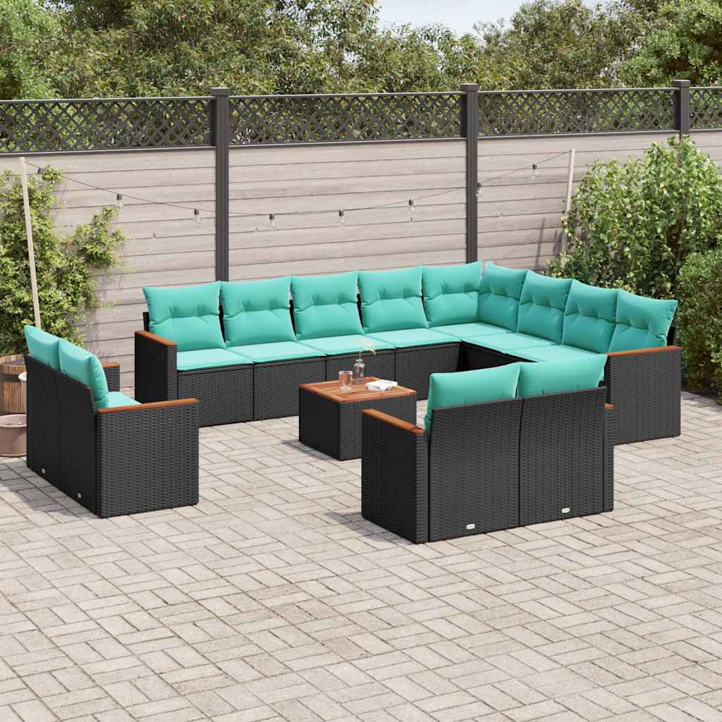 Conjunto de sofá de jardim com 13 peças e almofadas em rattan sintético preto