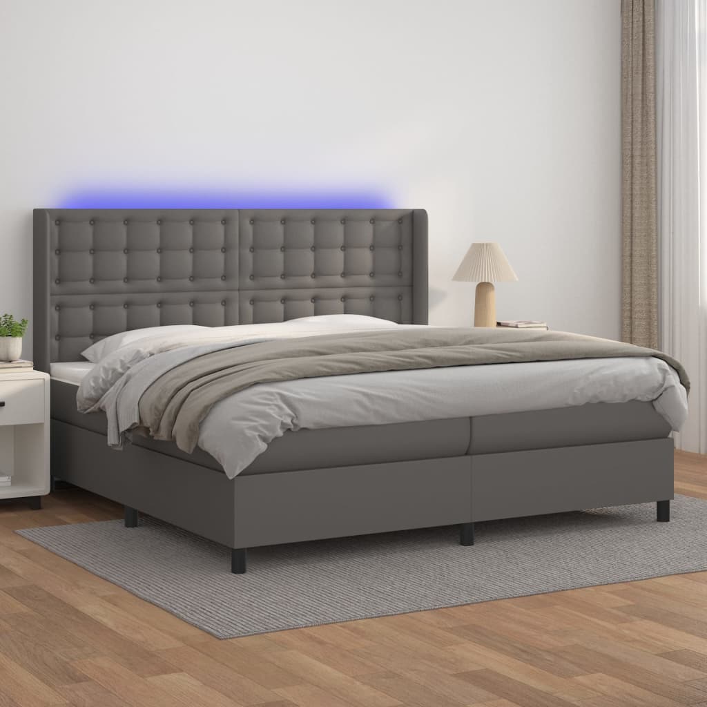 Cama box spring c/ colchão/LED 200x200cm couro artificial cinza
