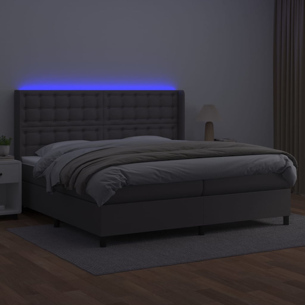 Cama box spring c/ colchão/LED 200x200cm couro artificial cinza