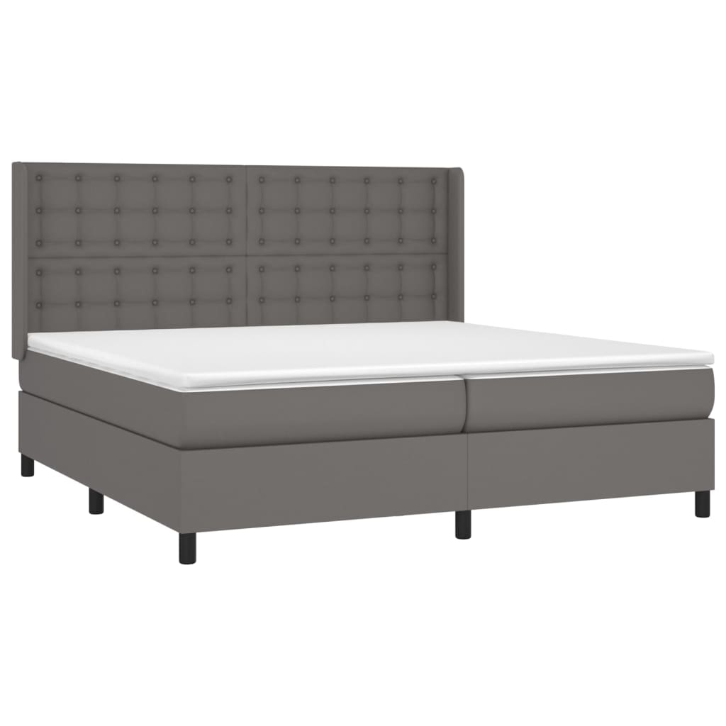 Cama box spring c/ colchão/LED 200x200cm couro artificial cinza