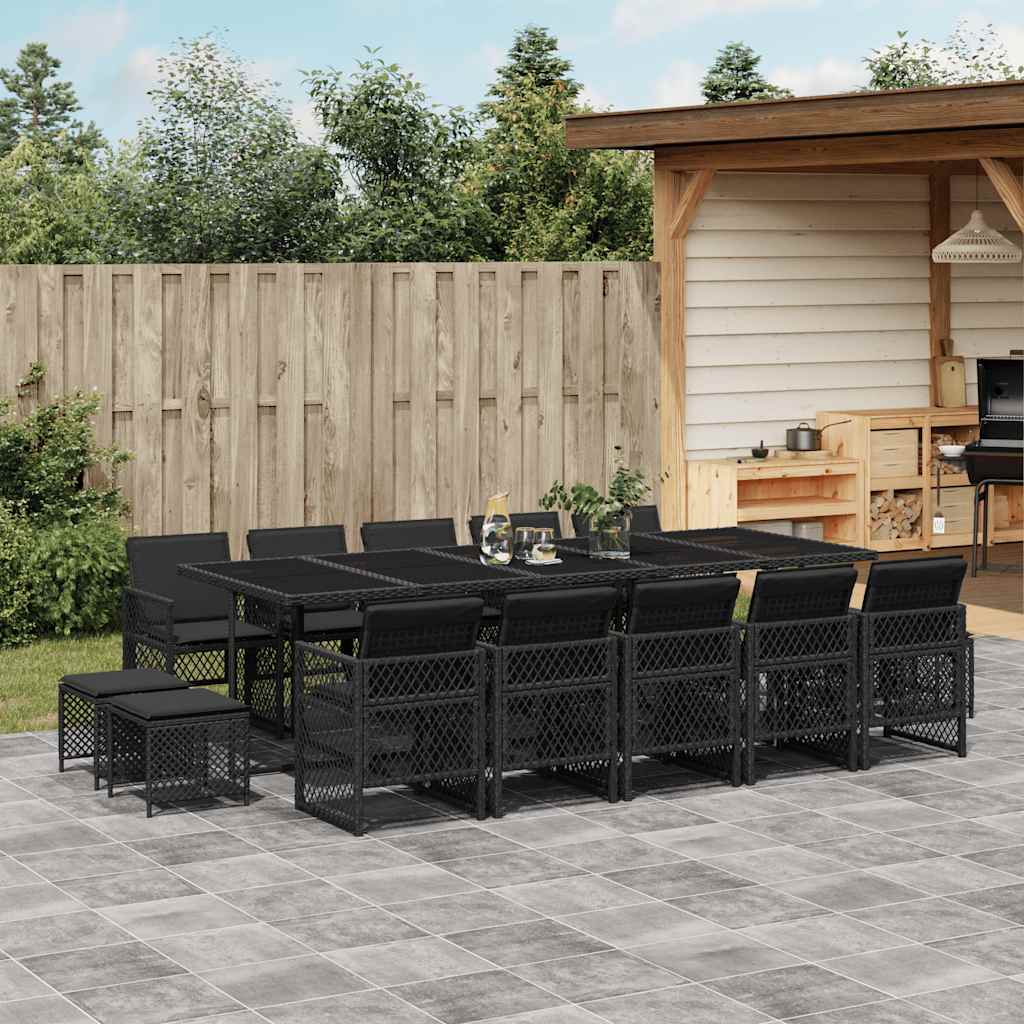 15 Pcs conjunto de jantar p/jardim com almofadões vime PE preto
