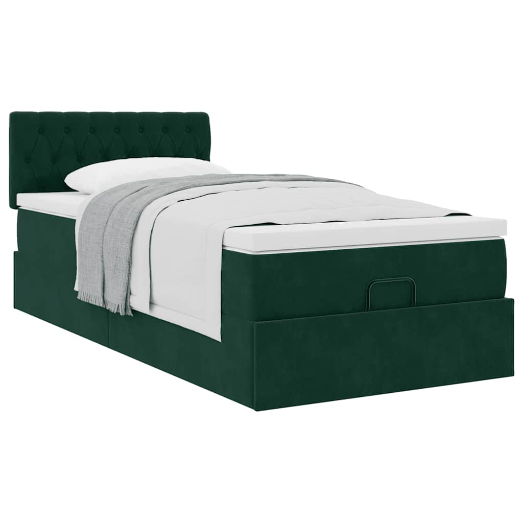 Estrutura de cama otomana com colchão verde escuro veludo