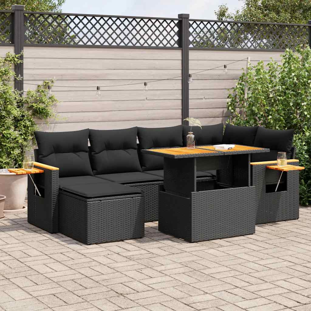7 Pcs conjunto sofás jardim c/ almofadões vime PE/acácia preto
