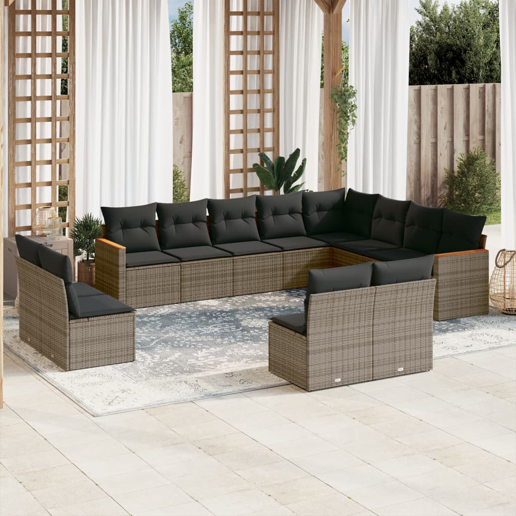 12 Pcs conjunto de sofás jardim c/ almofadões vime PE cinzento