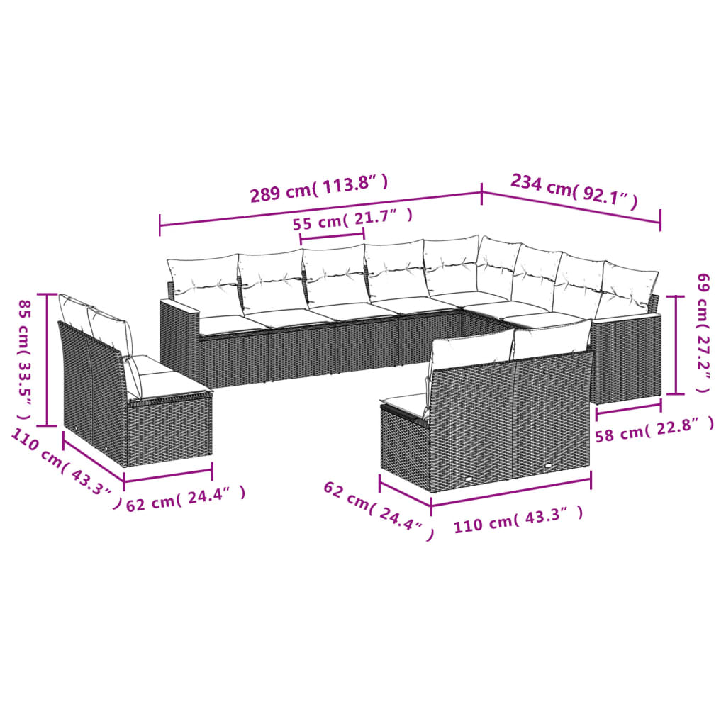 12 Pcs conjunto de sofás jardim c/ almofadões vime PE cinzento