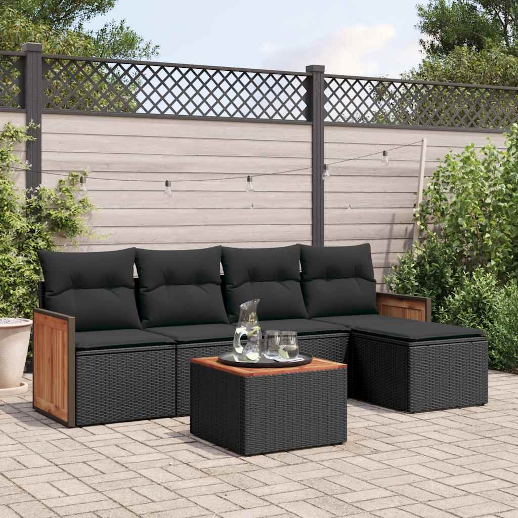 6 Pcs conjunto sofás de jardim c/ almofadões vime PE preto