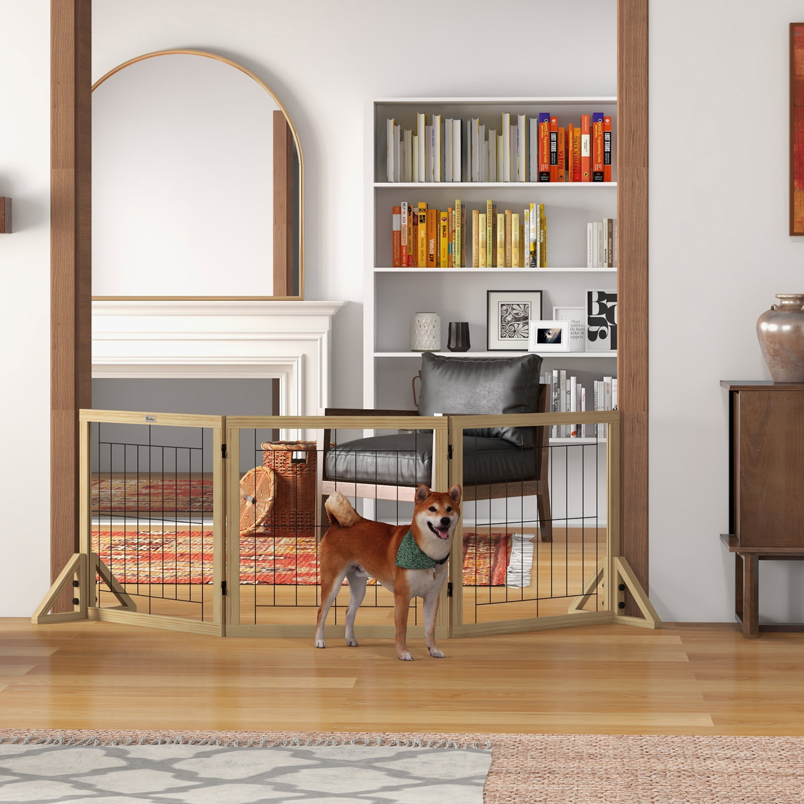 Barreira para cães de madeira dobrável com 3 painéis e pés de apoio triangulares 210x44x70 cm madeira