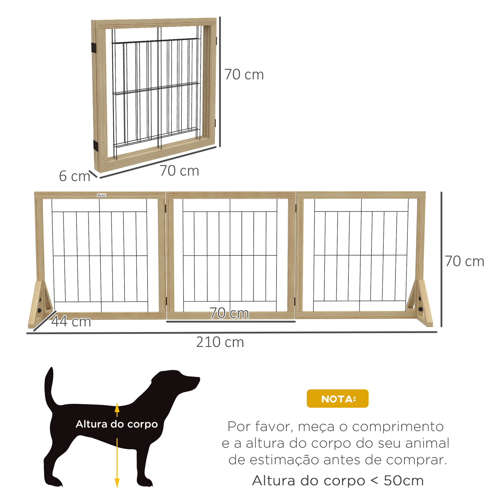 Barreira para cães de madeira dobrável com 3 painéis e pés de apoio triangulares 210x44x70 cm madeira
