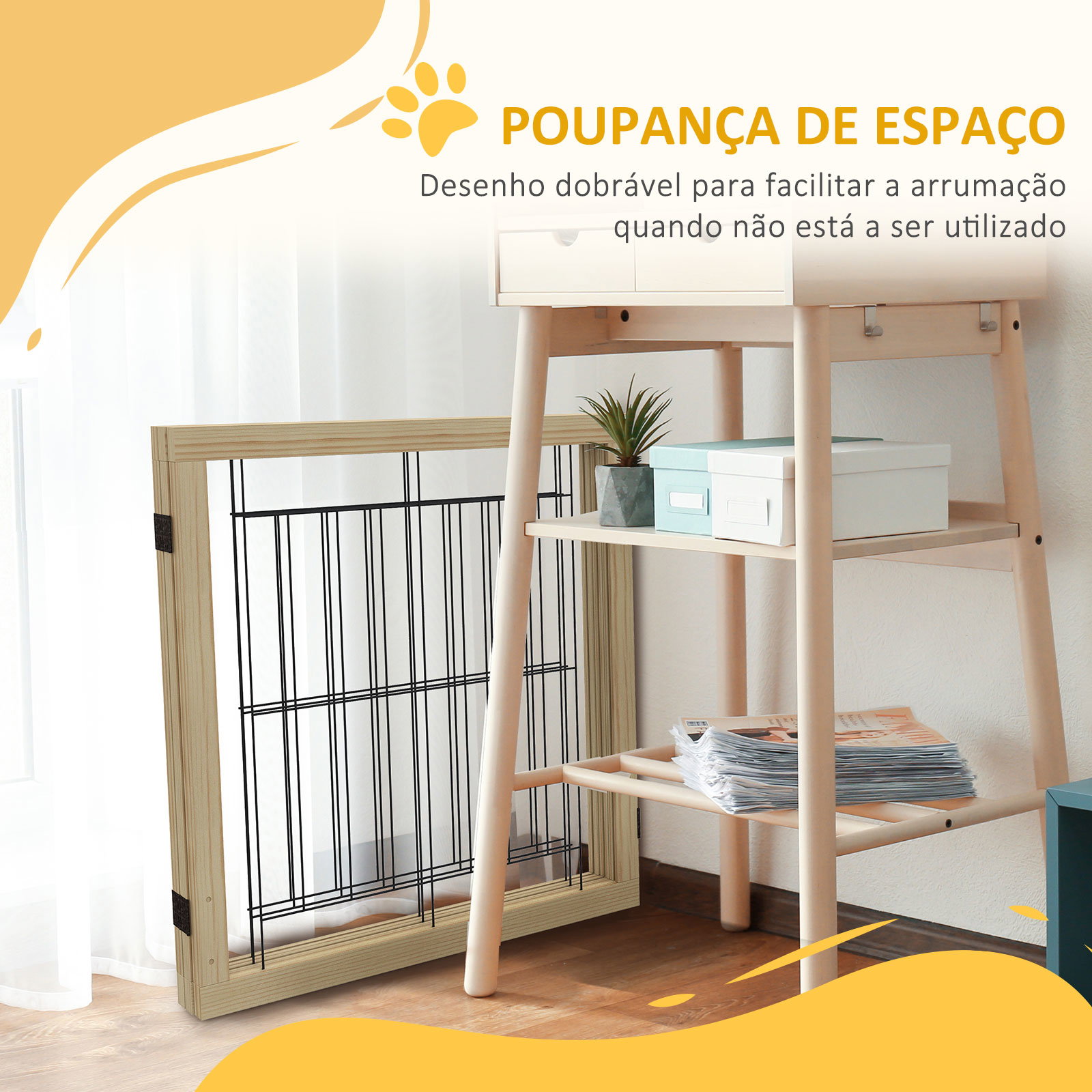 Barreira para cães de madeira dobrável com 3 painéis e pés de apoio triangulares 210x44x70 cm madeira