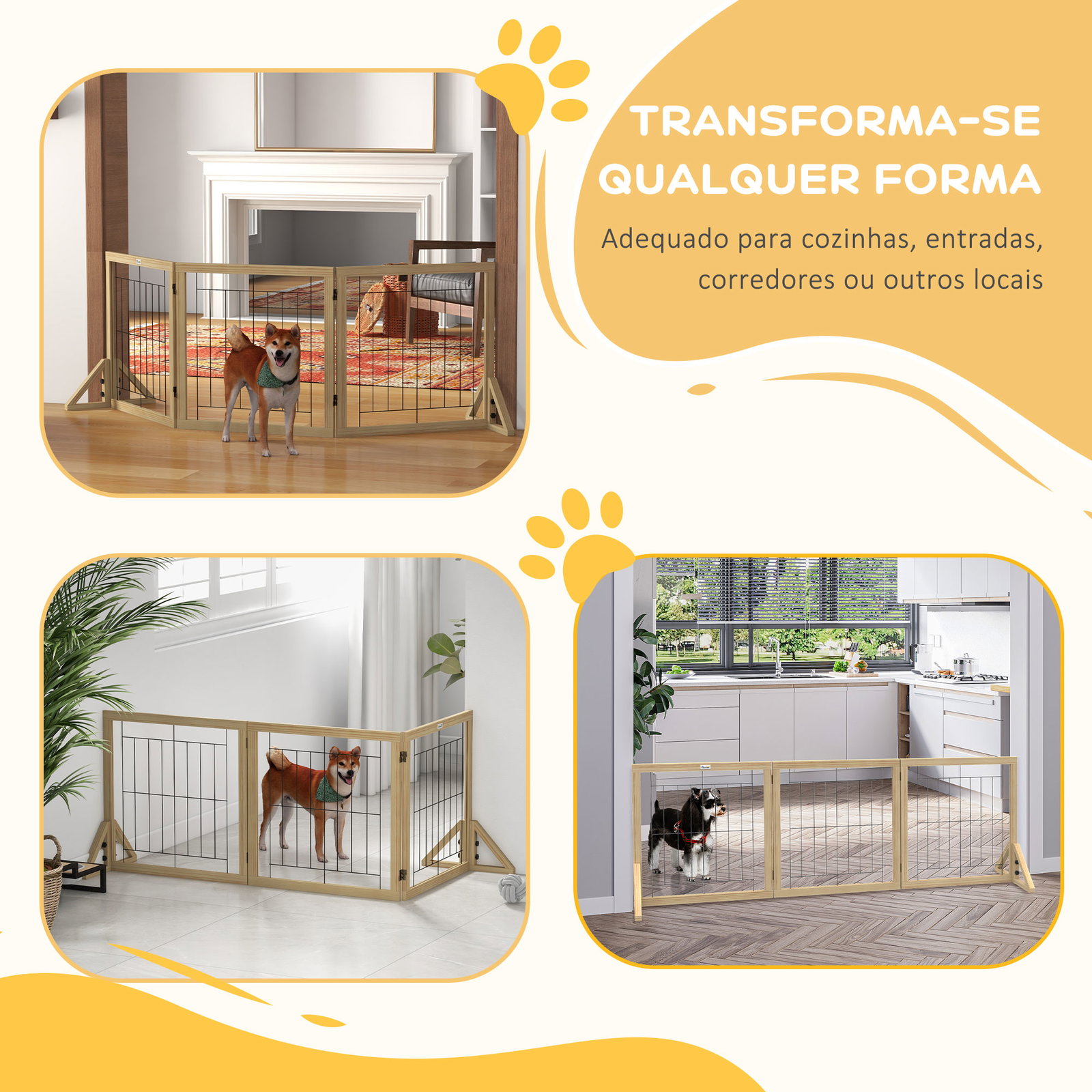 Barreira para cães de madeira dobrável com 3 painéis e pés de apoio triangulares 210x44x70 cm madeira