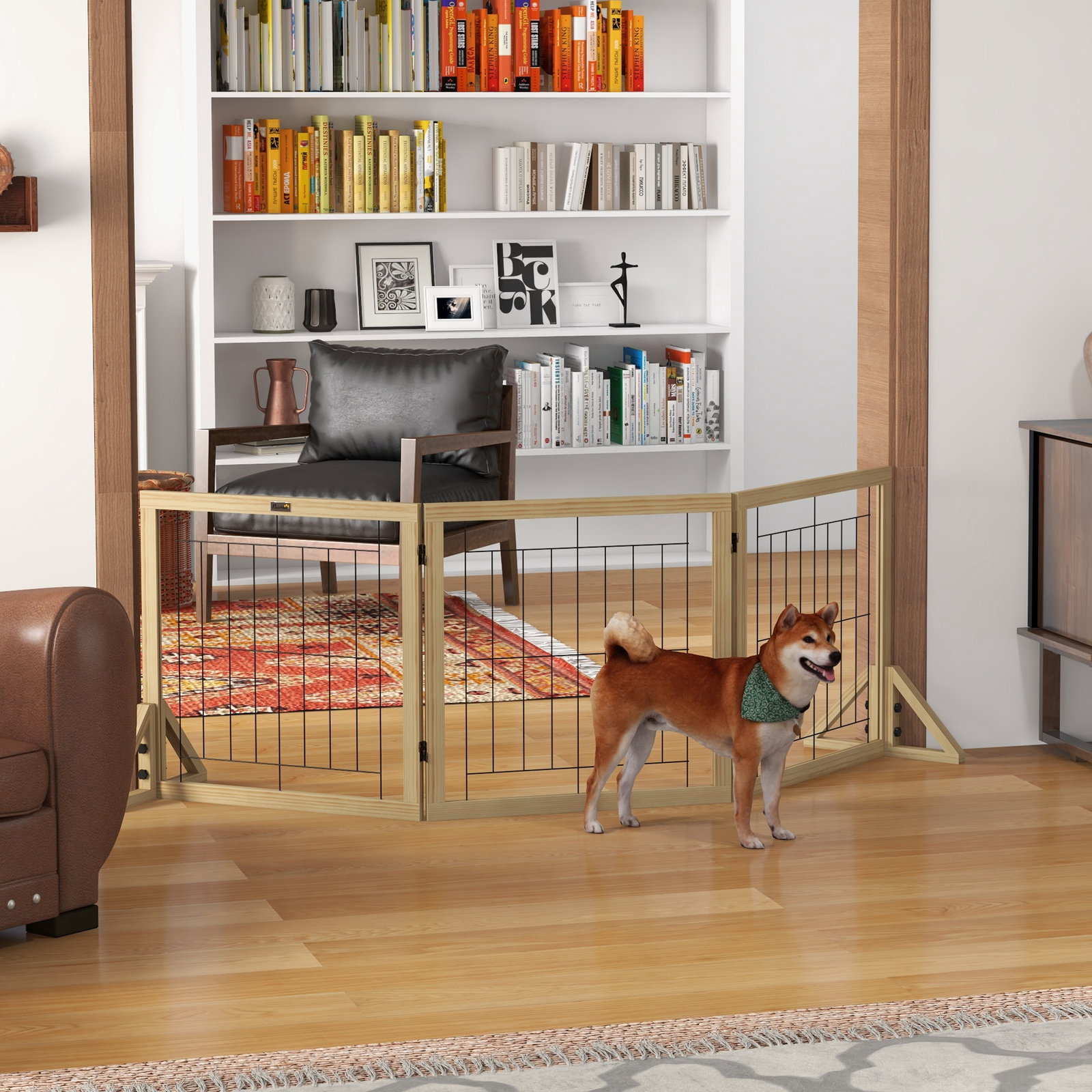 Barreira para cães de madeira dobrável com 3 painéis e pés de apoio triangulares 210x44x70 cm madeira