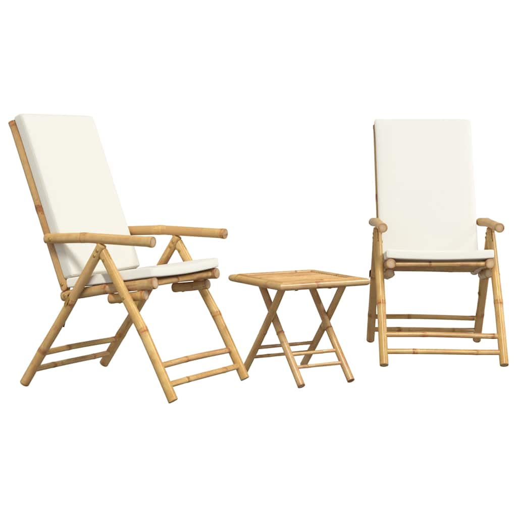 3 Pcs conjunto bistrô dobrável c/ almofadões branco nata bambu