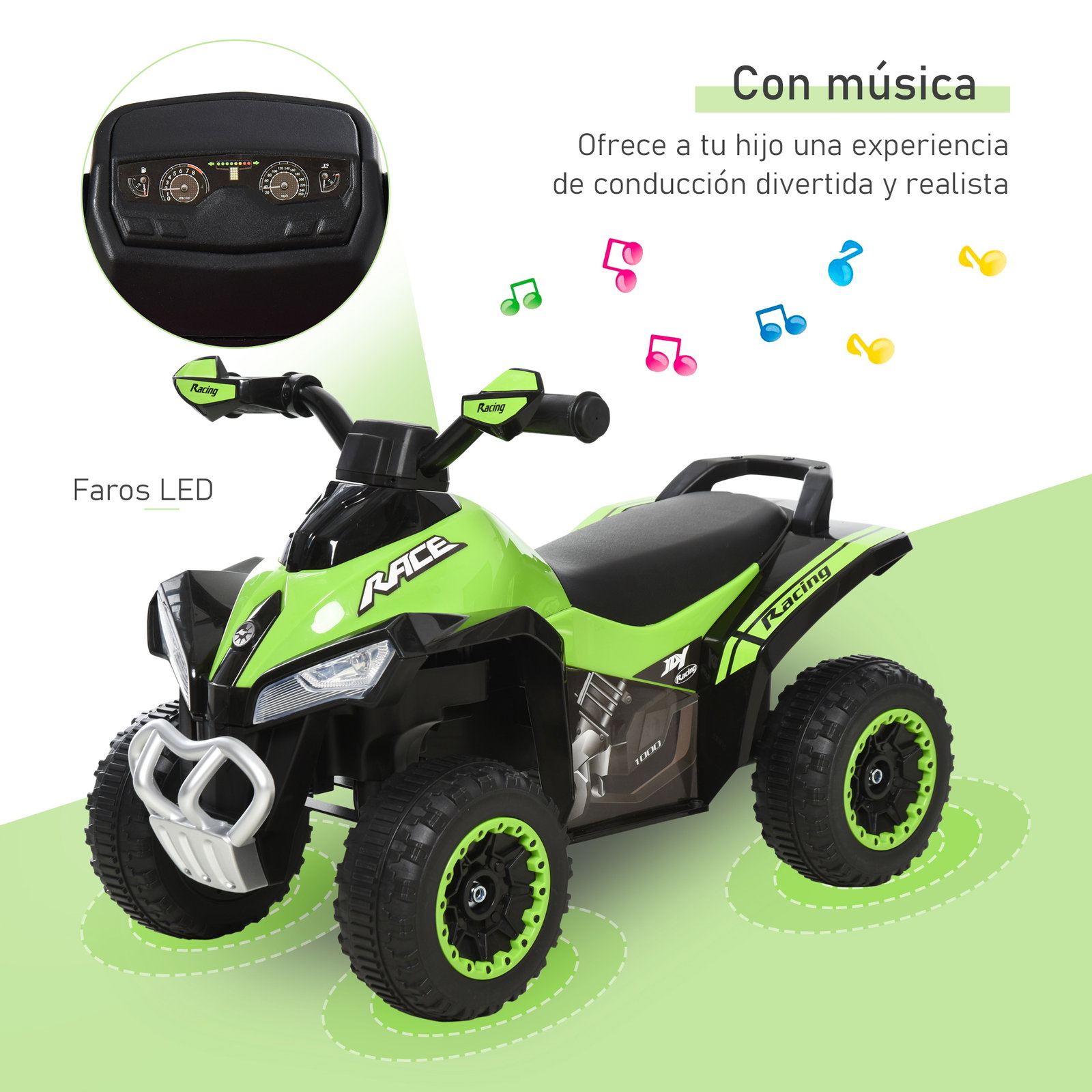 Quadriciclo infantil para crianças acima de 18 meses com função de luzes e música desenho inovador suporta até 20kg 67,5x38x44cm verde
