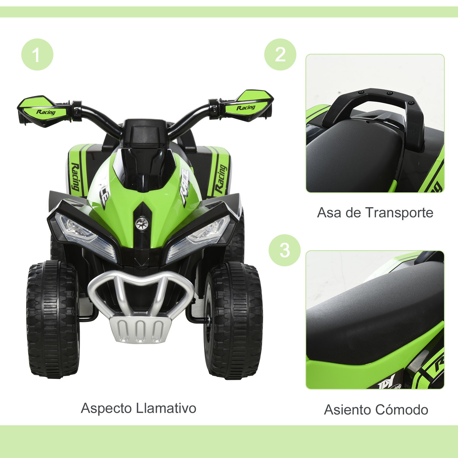 Quadriciclo infantil para crianças acima de 18 meses com função de luzes e música desenho inovador suporta até 20kg 67,5x38x44cm verde