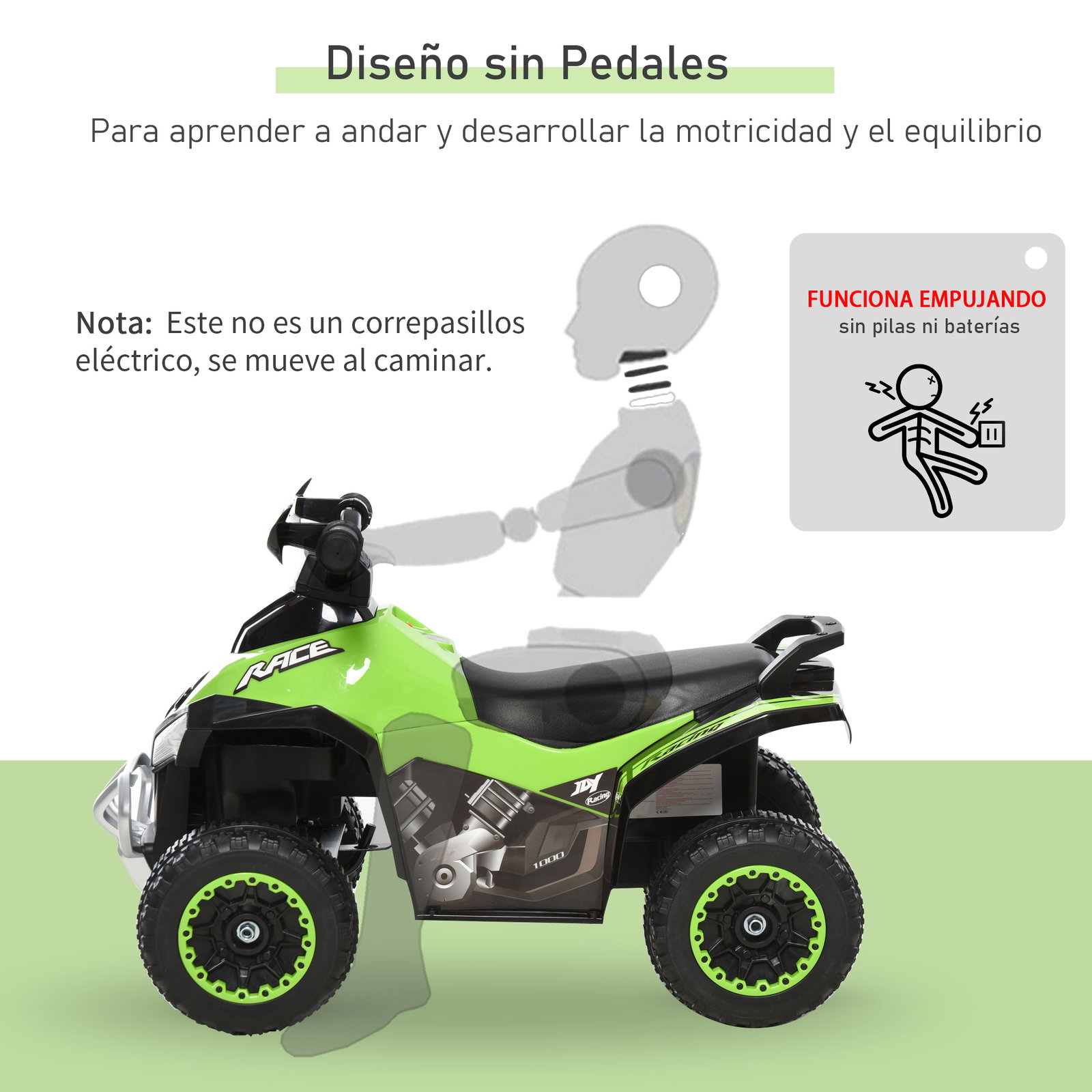 Quadriciclo infantil para crianças acima de 18 meses com função de luzes e música desenho inovador suporta até 20kg 67,5x38x44cm verde