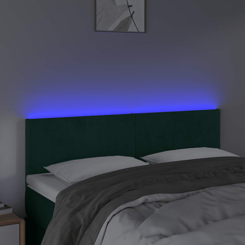 Cabeceira de cama c/luzes LED veludo 144x5x78/88cm verde-escuro