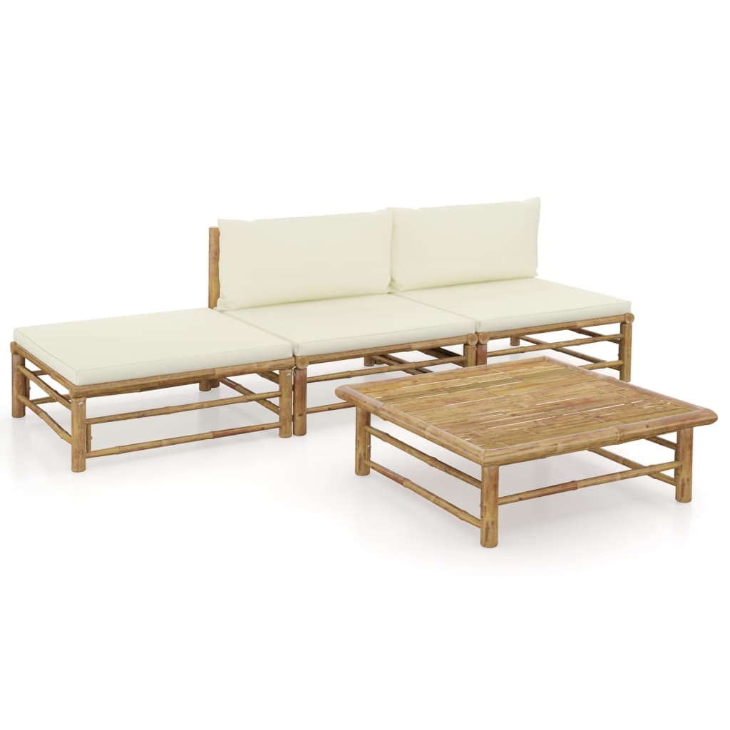 4 Pcs conj. lounge p/ jardim em bambu c/ almofadões branco nata