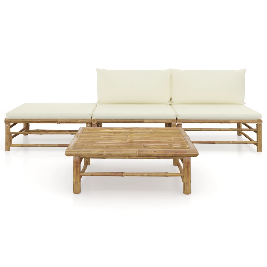 4 Pcs conj. lounge p/ jardim em bambu c/ almofadões branco nata
