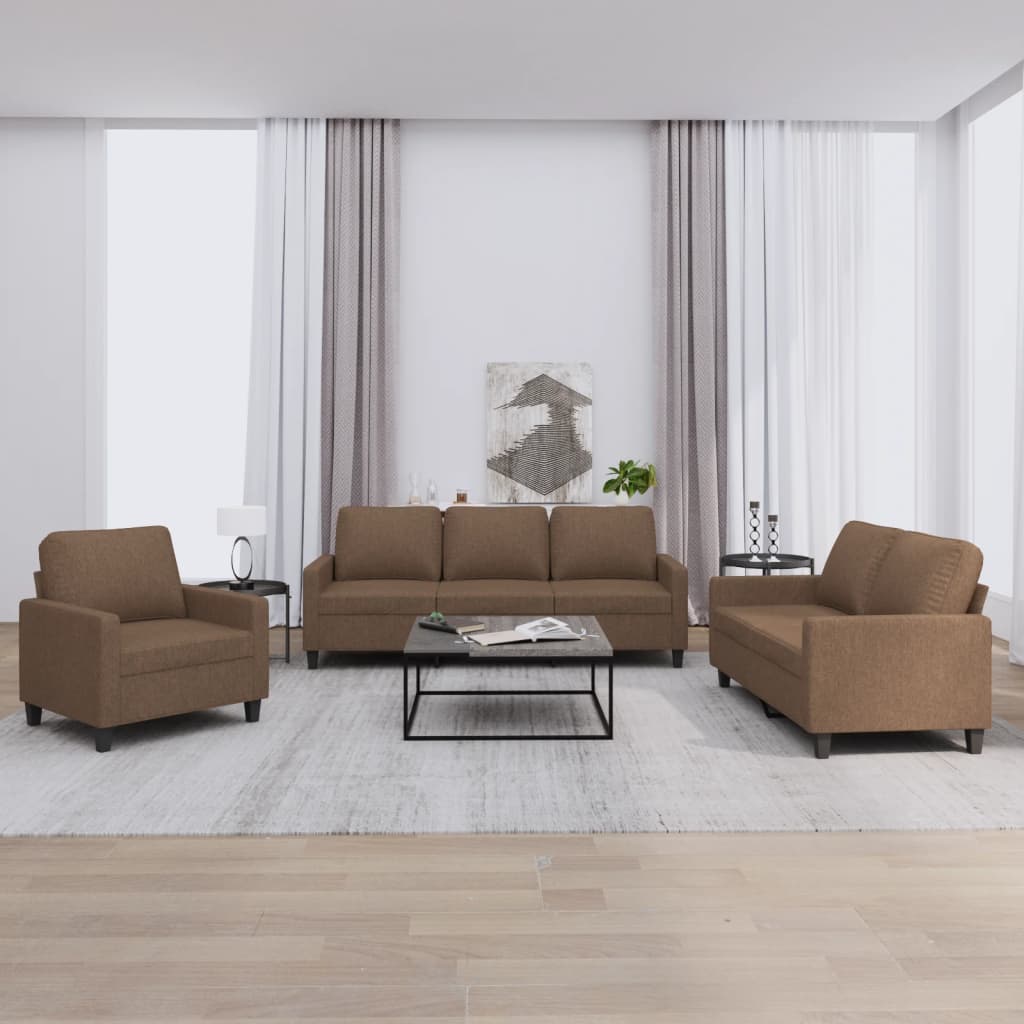 3 Pcs conjunto de sofás com almofadões tecido castanho