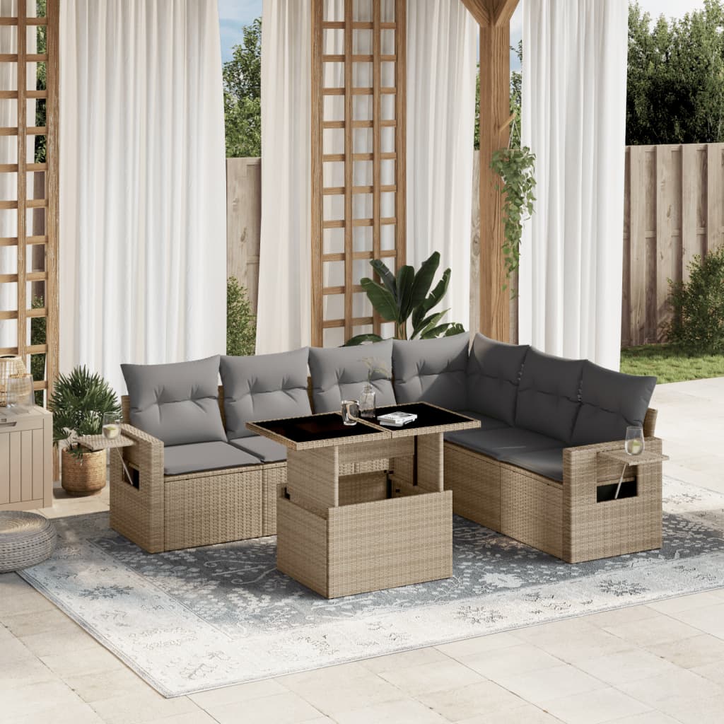 7 Pcs conjunto de sofás p/ jardim com almofadões vime PE bege