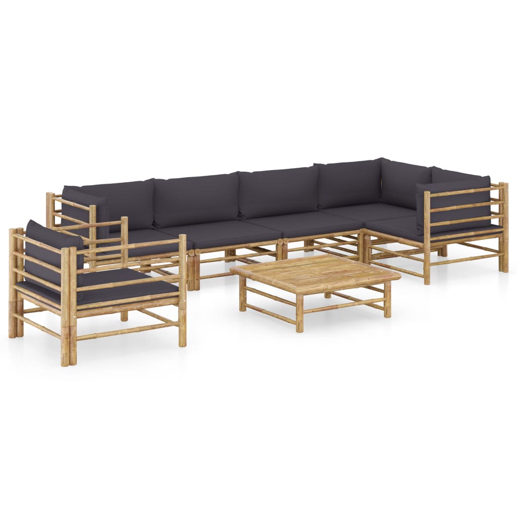 7 Pcs conj. lounge jardim em bambu c/ almofadões cinza-escuro