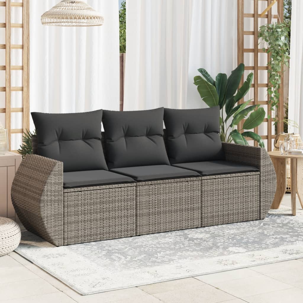 3 Pcs conjunto sofás de jardim c/ almofadões vime PE cinzento