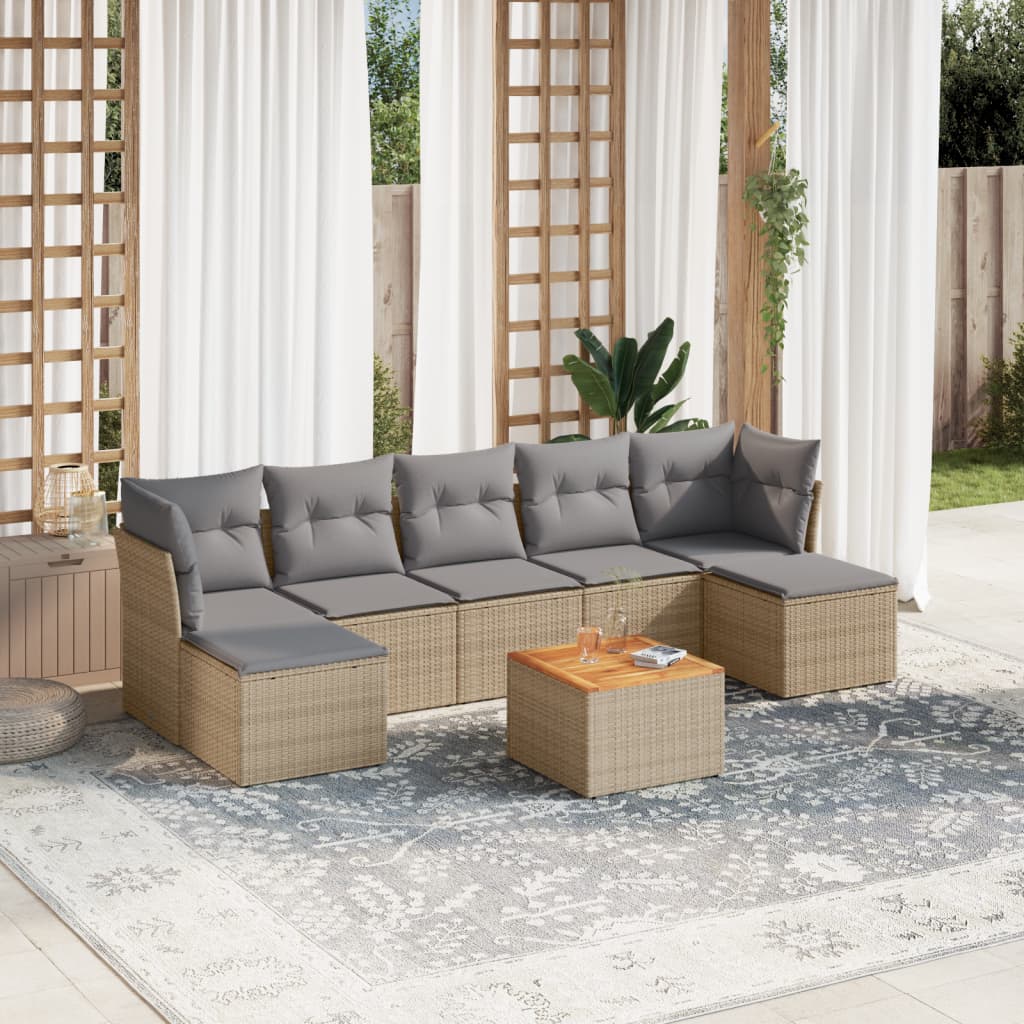 8 Pcs conj. sofás jardim c/ almofadões vime PE bege misturado
