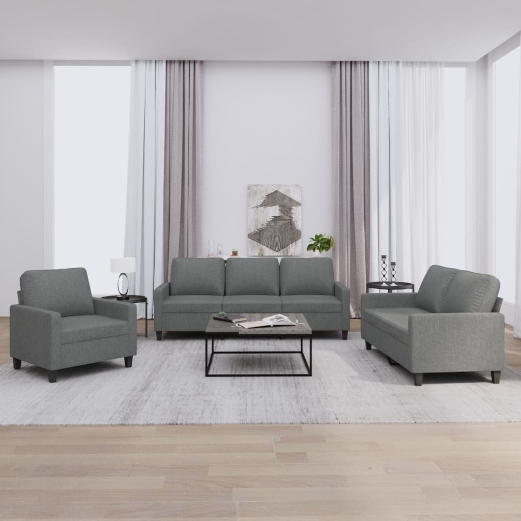3 Pcs conjunto de sofás com almofadões tecido cinzento-escuro