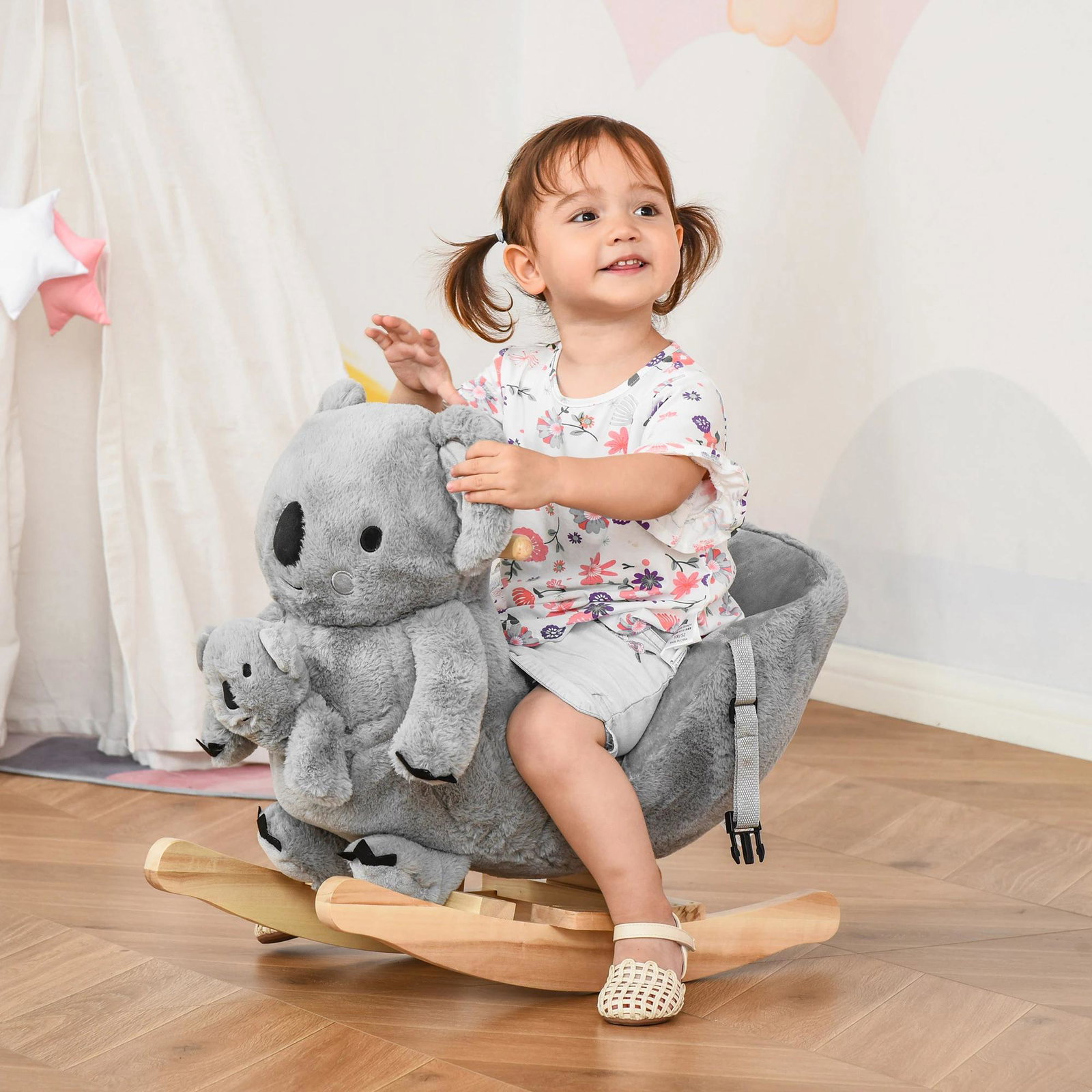 Baloiço Infantil com Forma de Coala com Fantoche para Bebés 18-36 Meses com Som Cinto de Segurança e Apoio para os Pés 60x33x50c