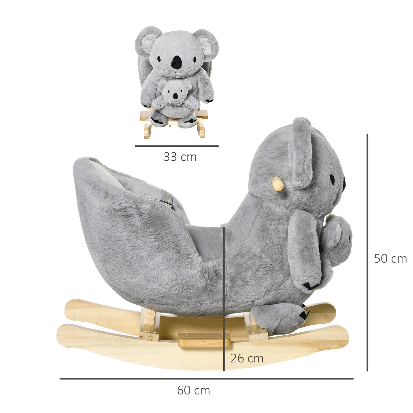 Baloiço Infantil com Forma de Coala com Fantoche para Bebés 18-36 Meses com Som Cinto de Segurança e Apoio para os Pés 60x33x50c