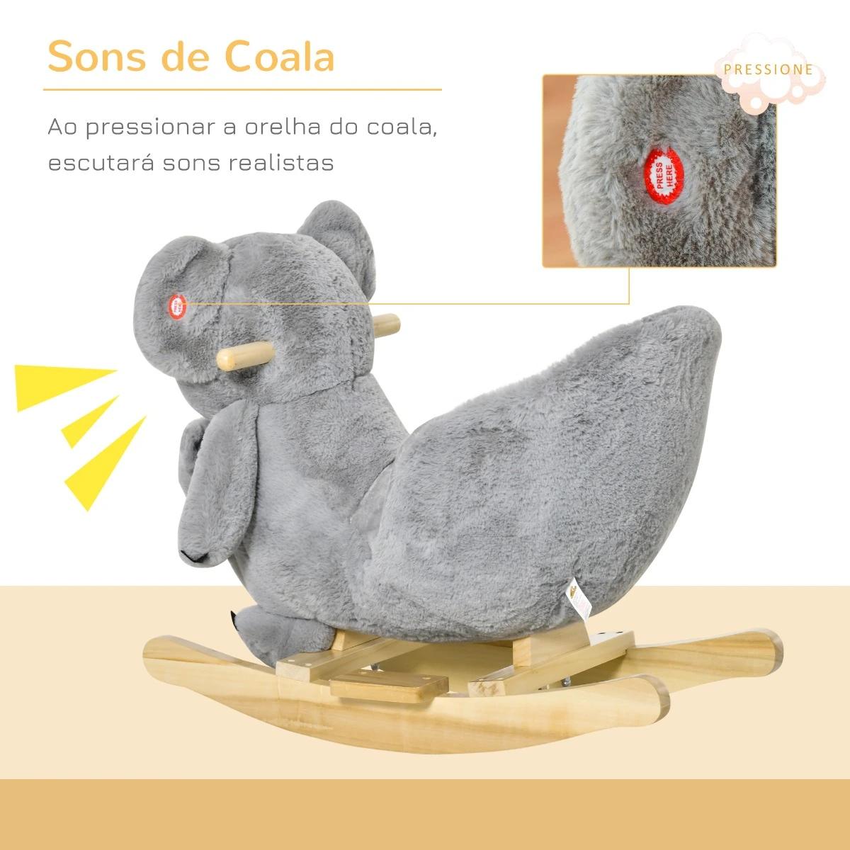 Baloiço Infantil com Forma de Coala com Fantoche para Bebés 18-36 Meses com Som Cinto de Segurança e Apoio para os Pés 60x33x50c