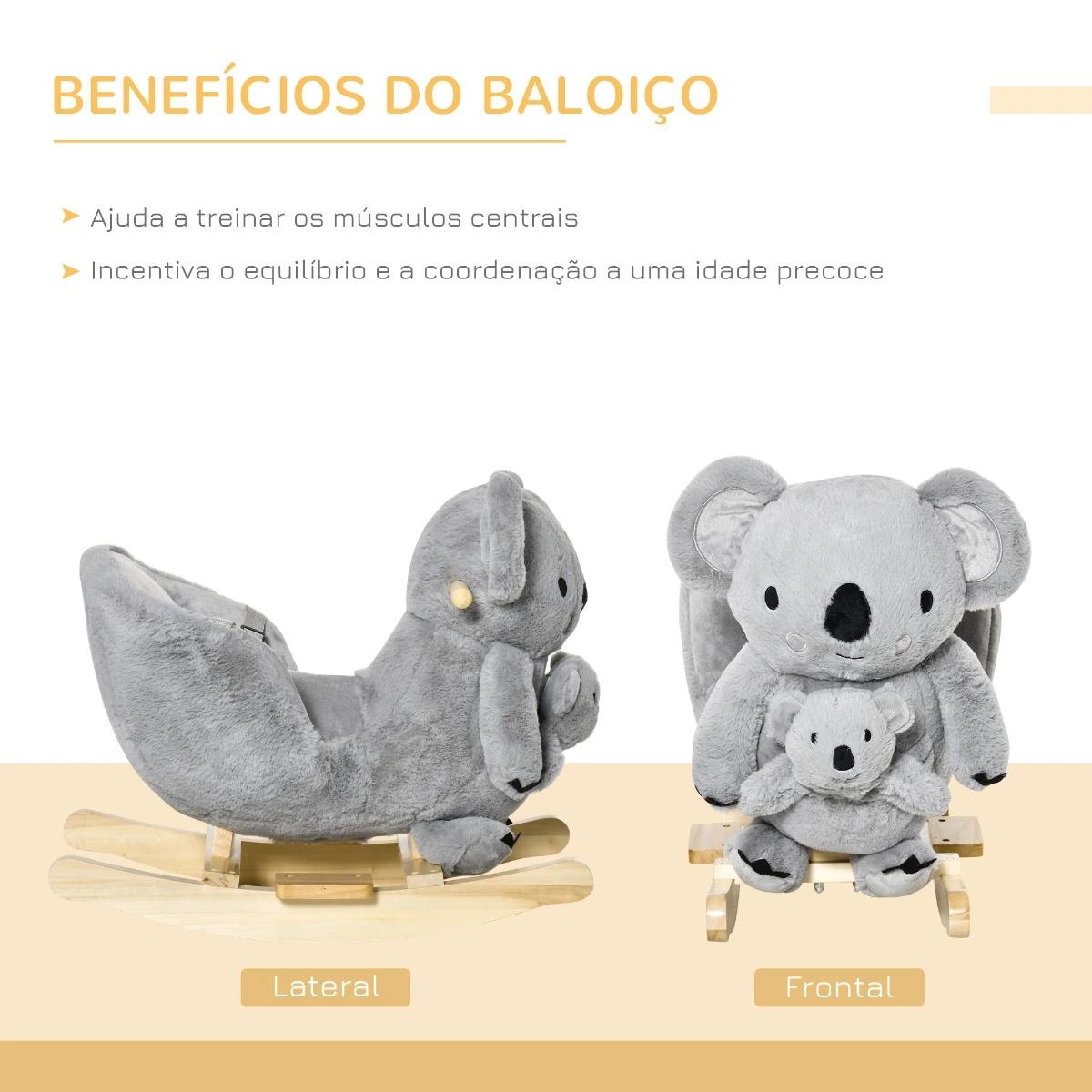 Baloiço Infantil com Forma de Coala com Fantoche para Bebés 18-36 Meses com Som Cinto de Segurança e Apoio para os Pés 60x33x50c