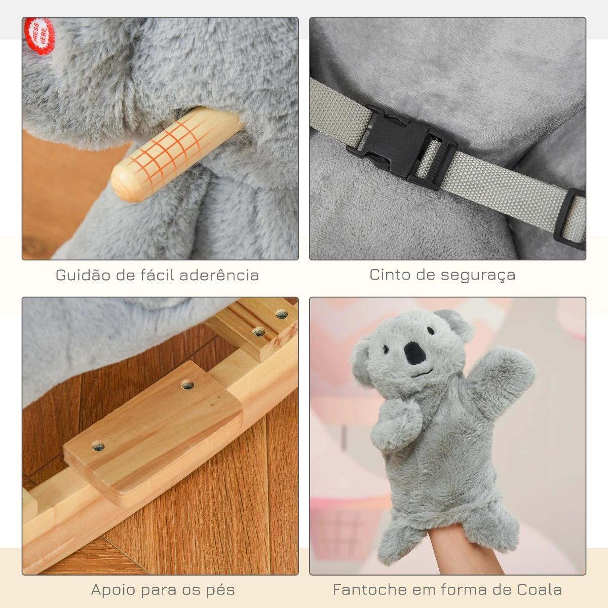 Baloiço Infantil com Forma de Coala com Fantoche para Bebés 18-36 Meses com Som Cinto de Segurança e Apoio para os Pés 60x33x50c