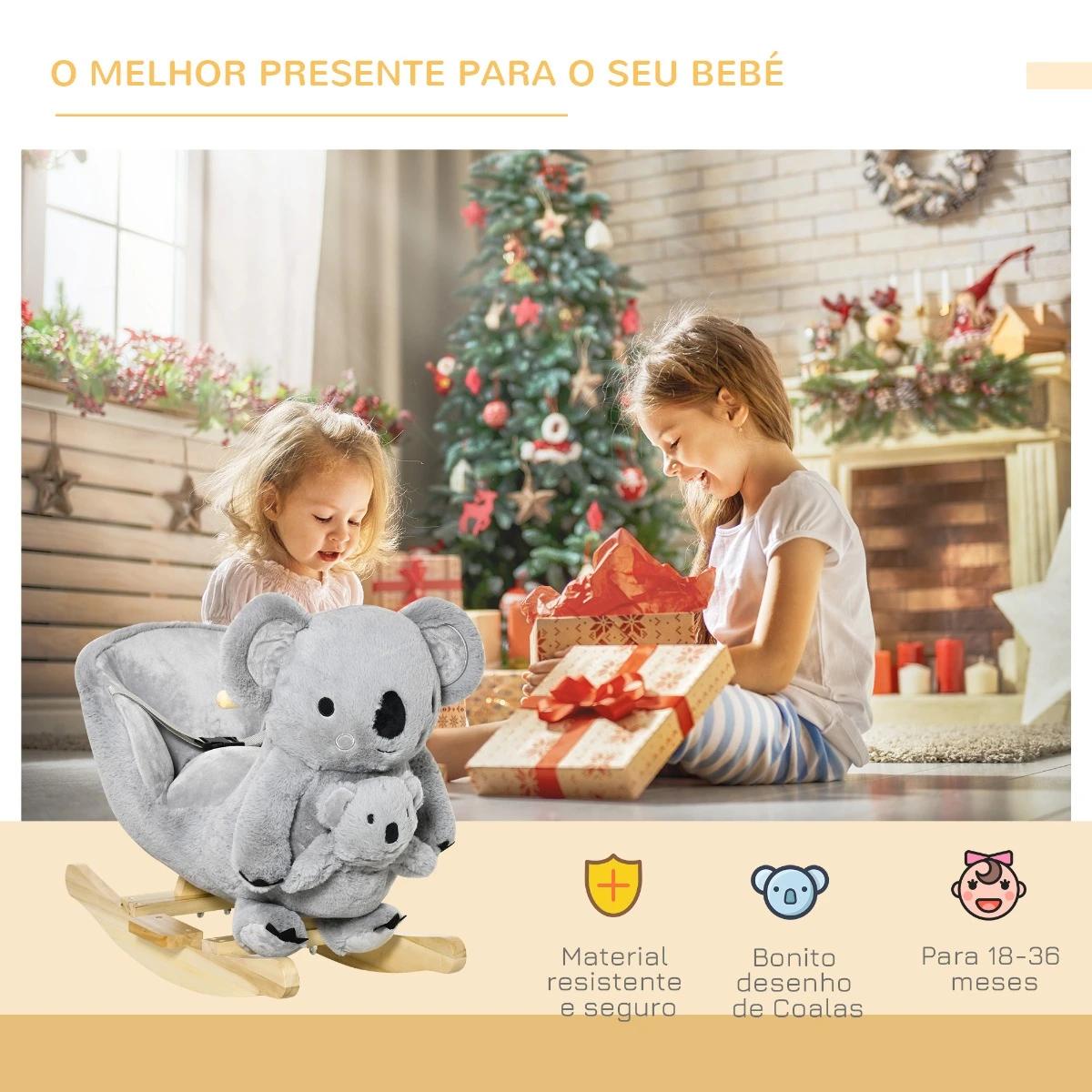 Baloiço Infantil com Forma de Coala com Fantoche para Bebés 18-36 Meses com Som Cinto de Segurança e Apoio para os Pés 60x33x50c
