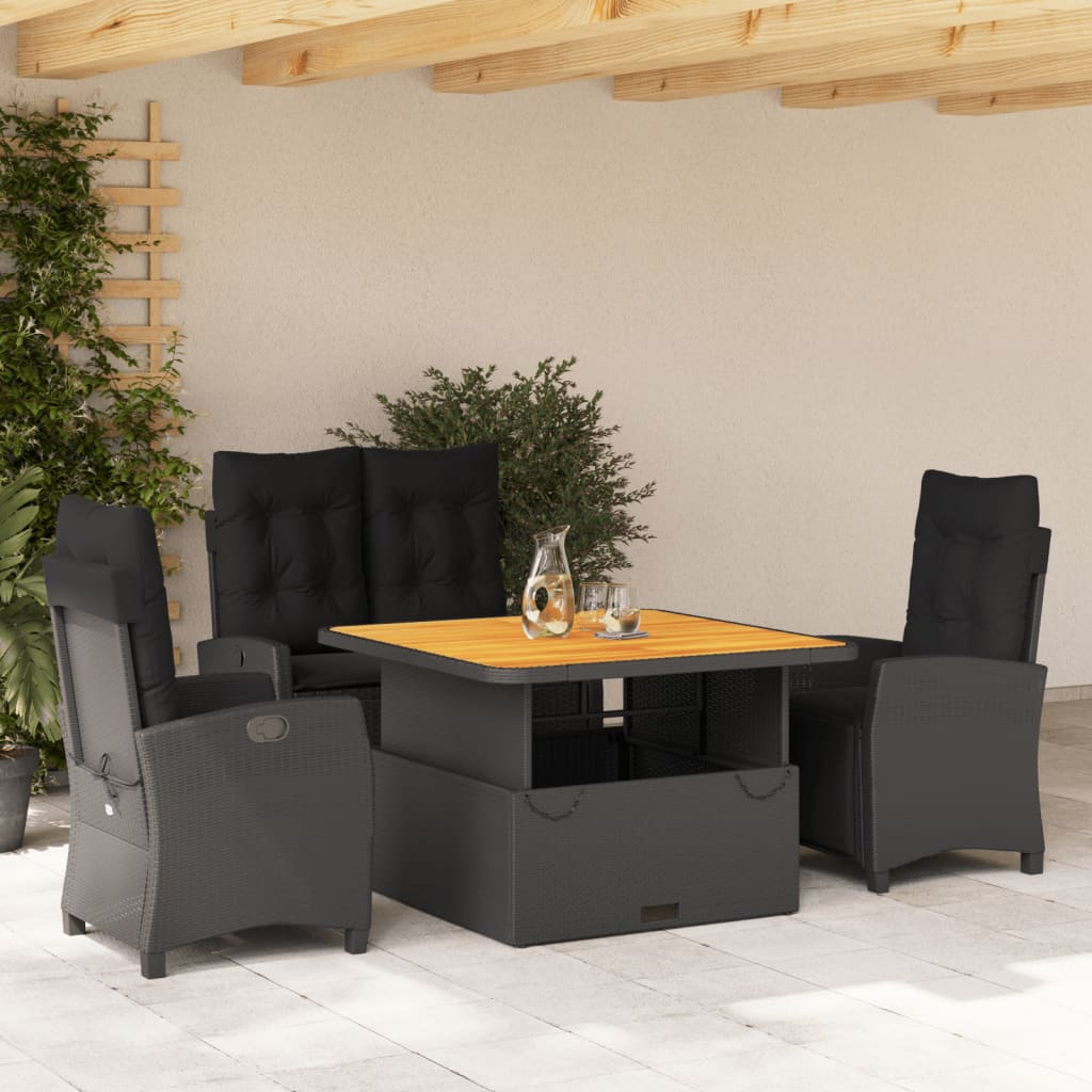 4 Pcs conjunto de jardim p/ jardim c/ almofadões vime PE preto
