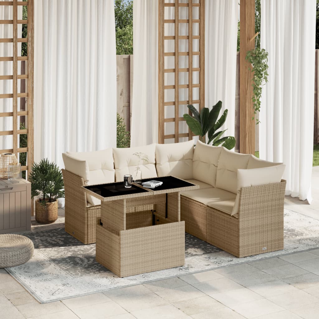 6 Pcs conjunto de sofás p/ jardim com almofadões vime PE bege