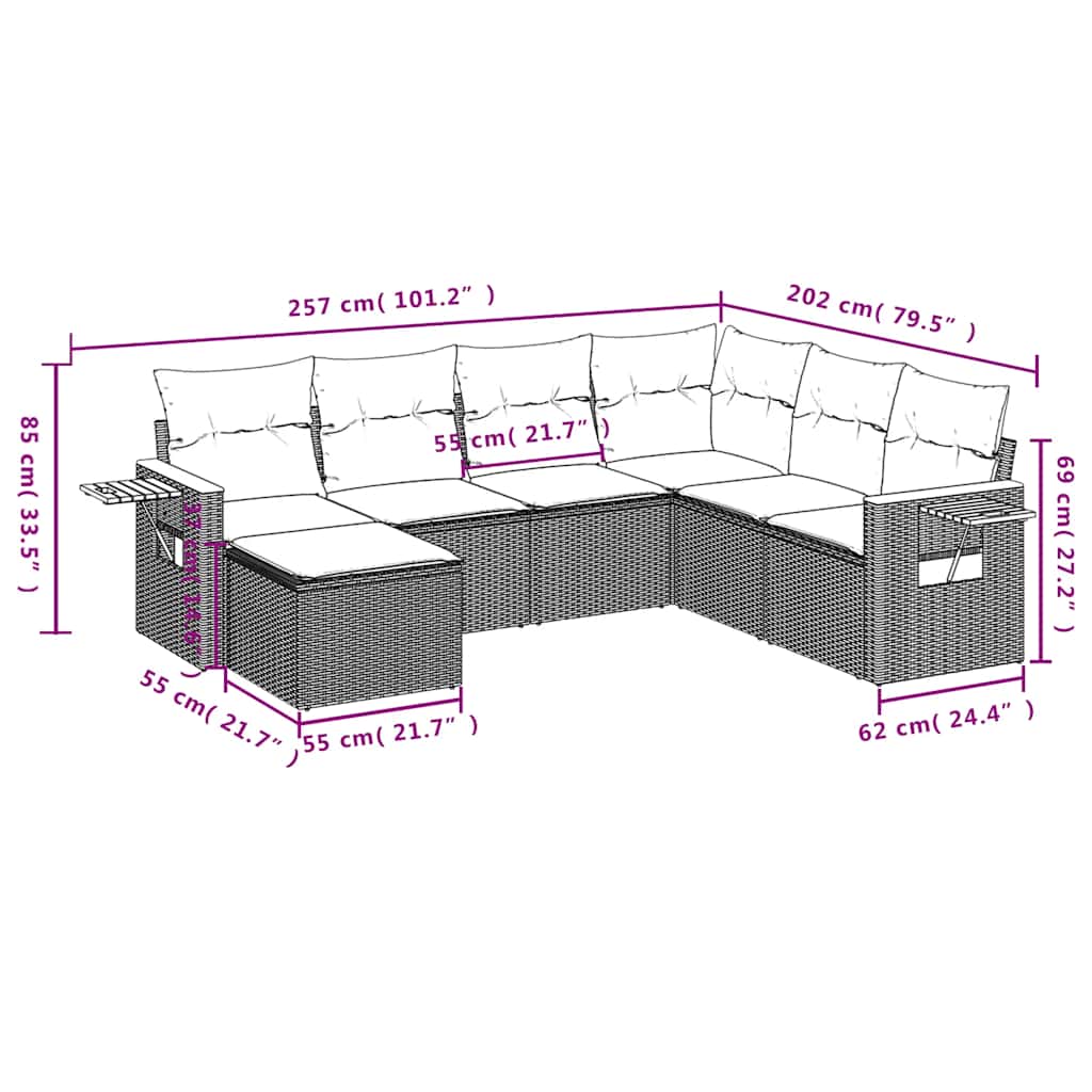 7 Pcs conjunto de sofás p/ jardim c/ almofadões vime PE preto