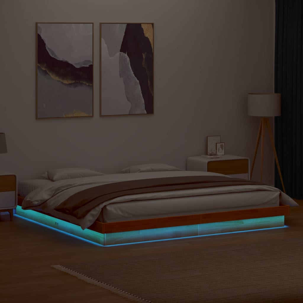 Estrutura de cama c/ leds 200x200 cm pinho maciço castanho mel